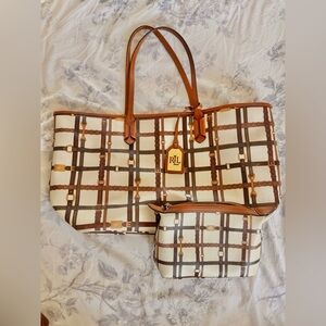 Ralph Lauren Gallaway Cream and Brown Geometric Tote Set